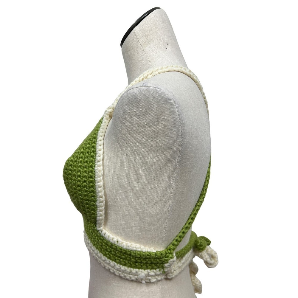 Handmade Green Cream Crochet Tie Back Bralette M - Picture 2 of 4